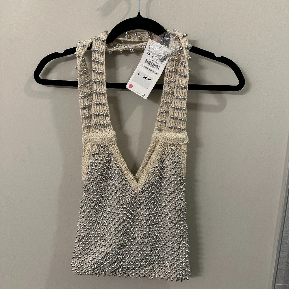 NWT Zara Silver Beaded Embellished Knit Crochet Shoulder Purse Bag Tote